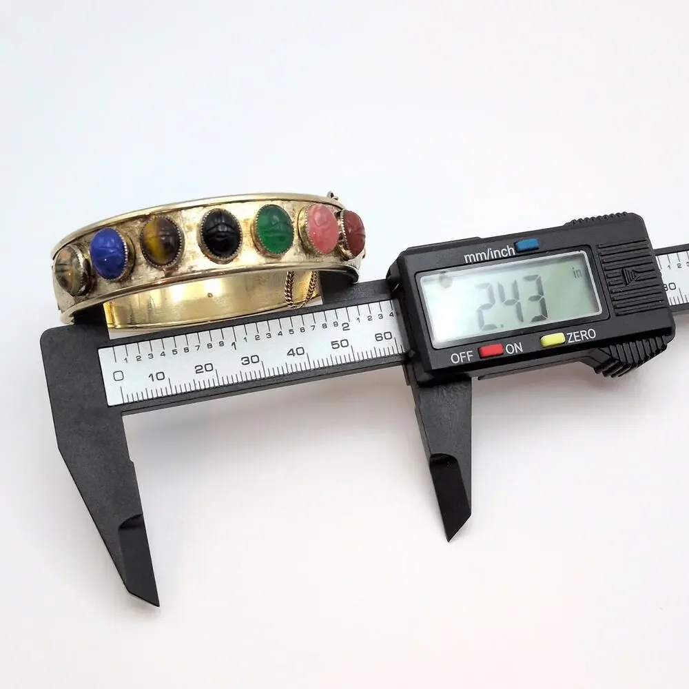 Vintage Gemstone Scarab Hinge Bangle Bracelet Gold Tone With Safety Chain